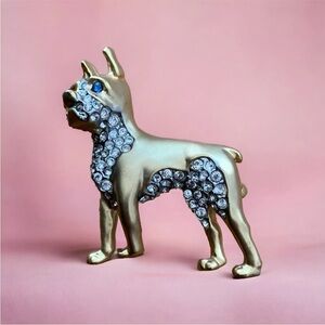 Vintage Gold Tone Metal Crystal Pincher Boxer Dog Pin Brooch Rhinestone Blue Eye